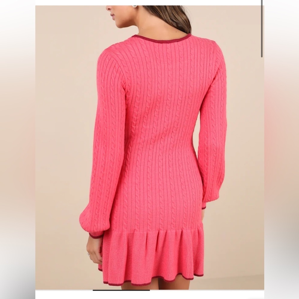 NWT Lulus Coziest Poise Pink Cable Knit Long Sleeve Sweater Mini Dress size M - Picture 4 of 15